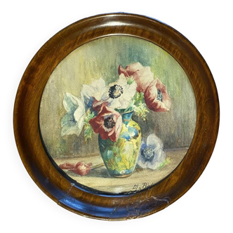 Old painting, still life with anemones, signed, 20th century