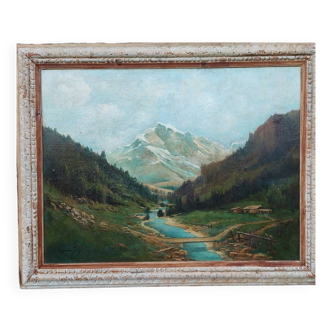 Grand tableau ancien montagne