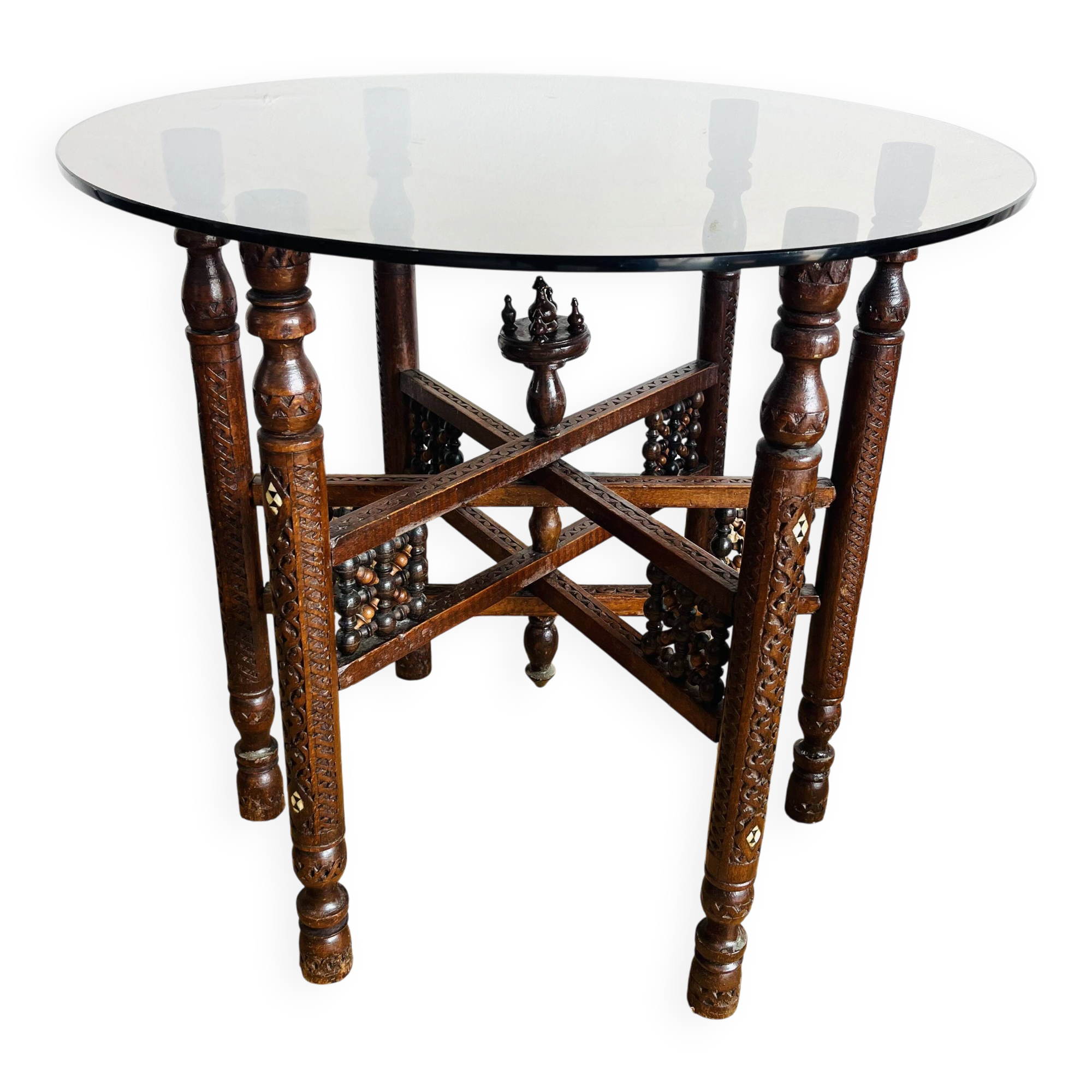 Moroccan hexagonal carved wood side table with glass top
