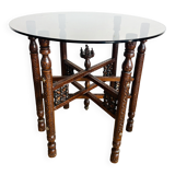 Moroccan hexagonal carved wood side table with glass top