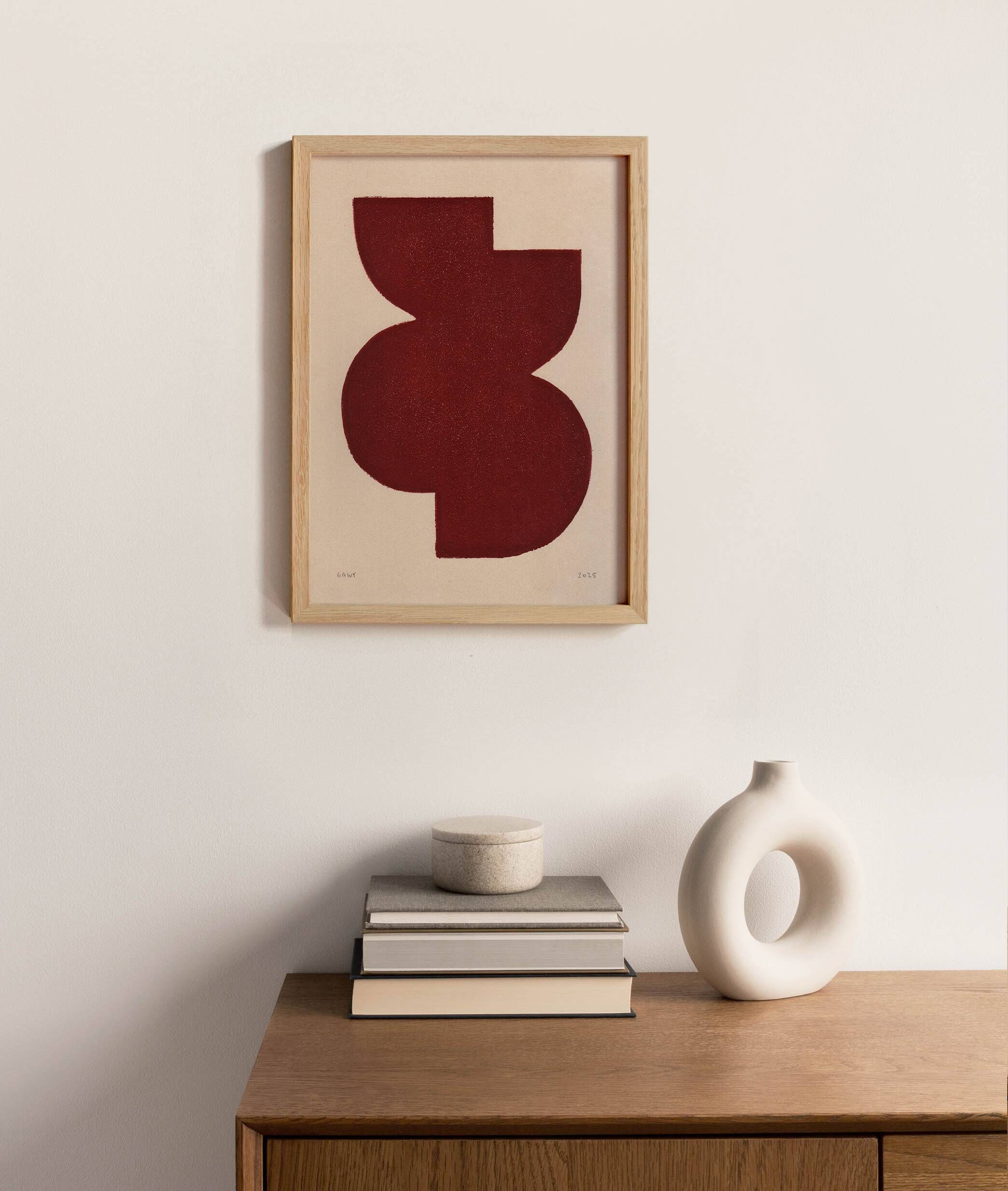 Abstract painting on paper, dark red illustration signed Eawy.