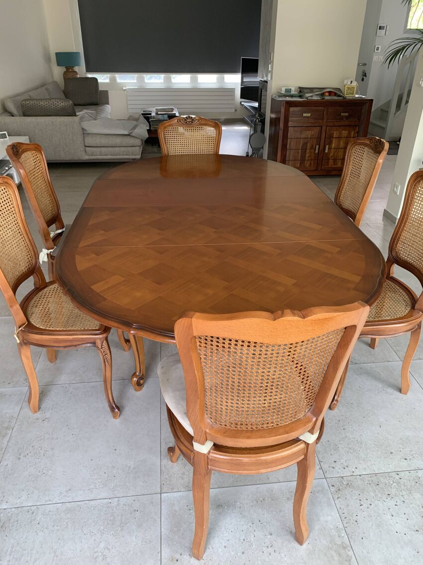 Table de salle a manger en merisier massif et ses 6 chaises cannees |  Selency