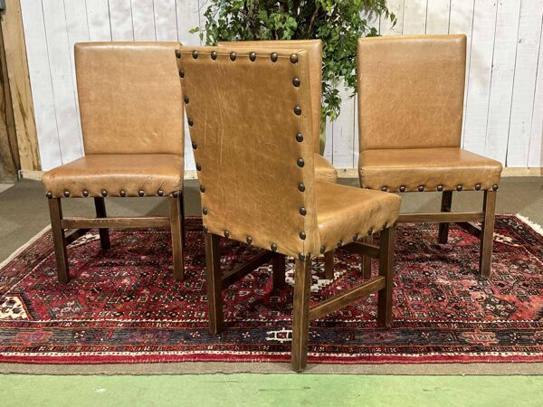 Suite de 4 chaises anglaises en hêtre et simili cuir des années 1980