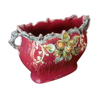 Cache pot jardinière en barbotine rouge à décor de boutons de fleurs