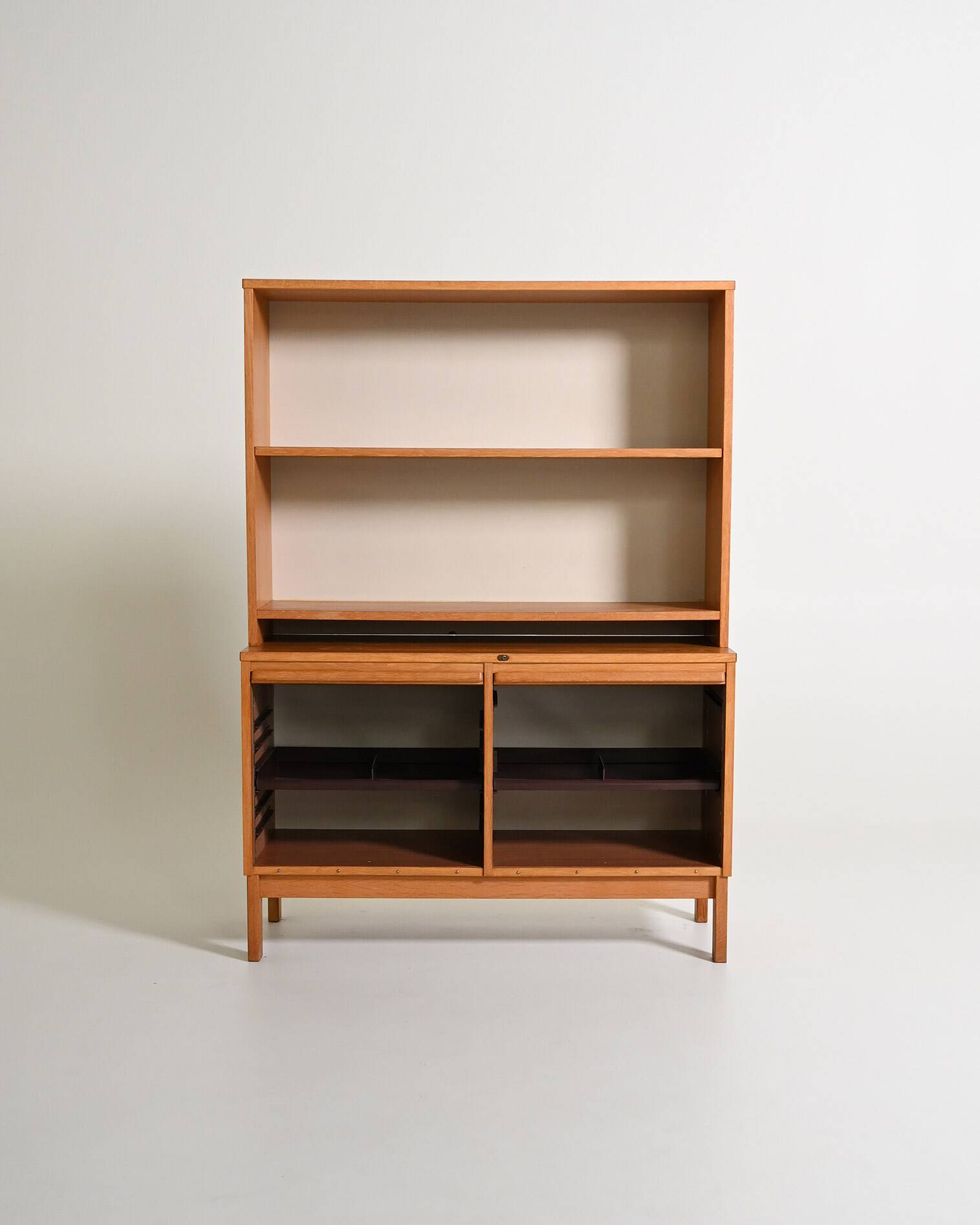 Oak cabinet with tambour doors with upper shelves, 1960s