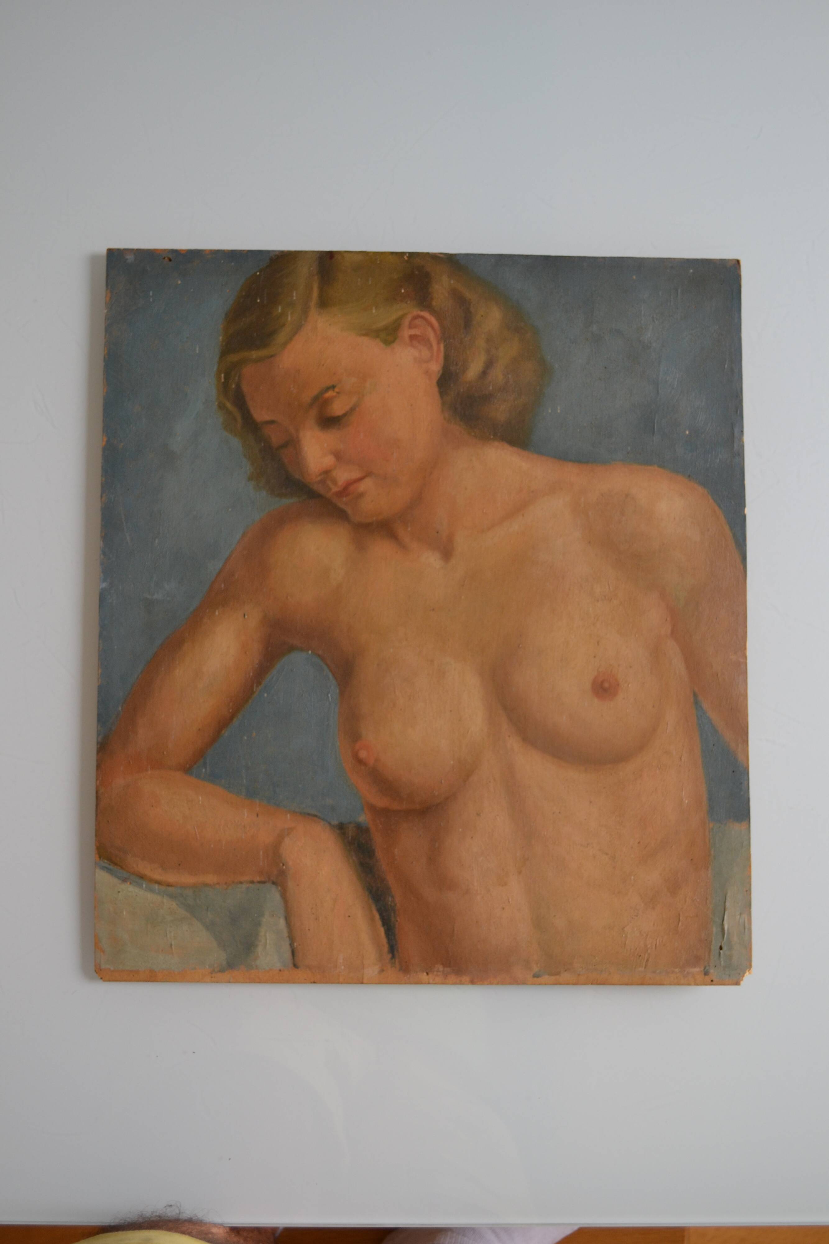 Old painting portrait nude woman oil on panel