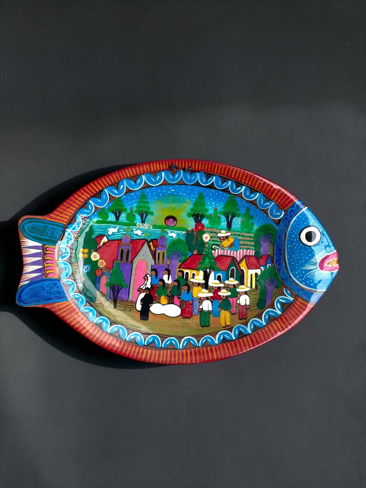 Painted terracotta wall fish, Oaxaca, Mexico, 1970s-80s.