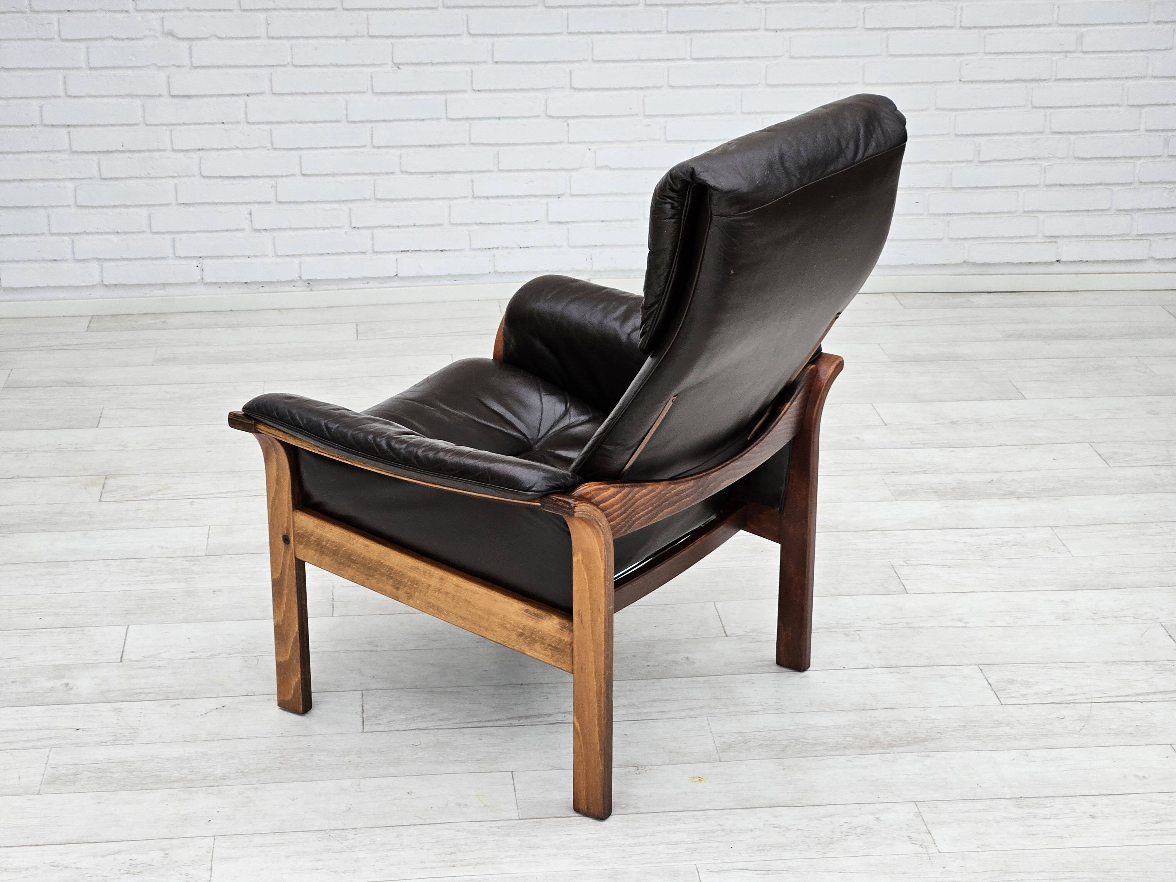 Chaise longue réglable, cuir marron années 1970, design suédois par göte möbler
