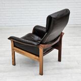 Chaise longue réglable, cuir marron années 1970, design suédois par göte möbler