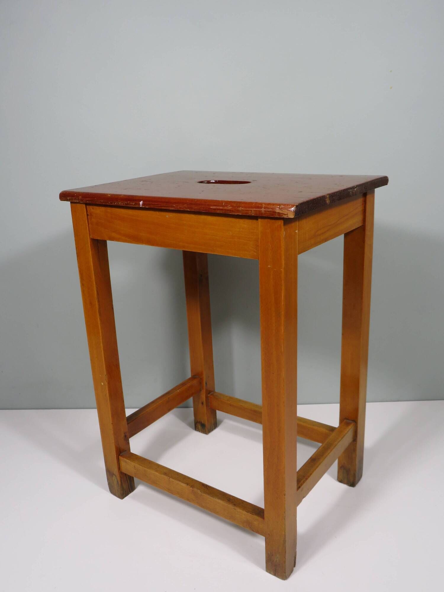 Vintage handmade workshop stool with handle, Belgium 1960