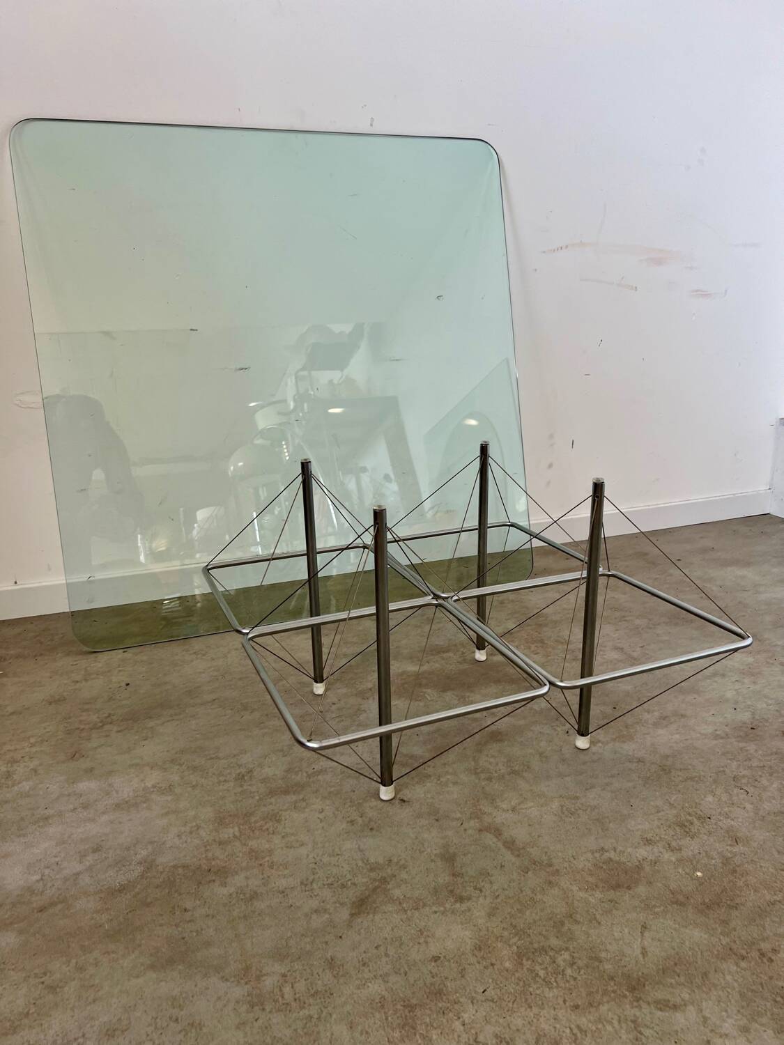Old Italian design architectural coffee table from the 70s vintage glass and metal