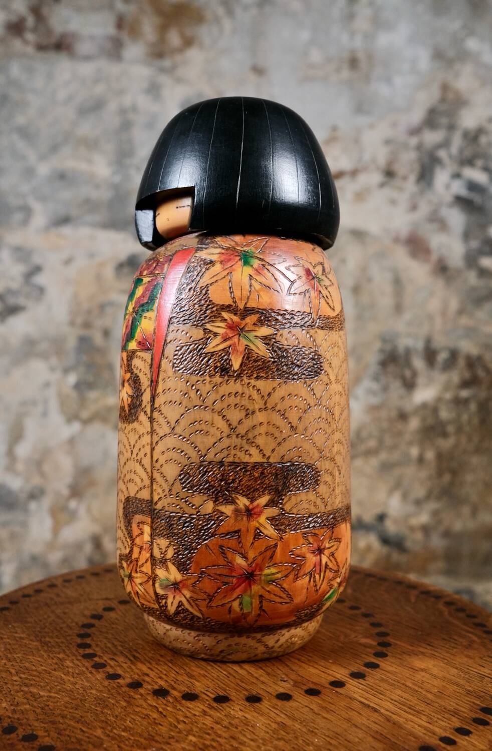 Maple leaf kokeshi, by Inosuke Kobayashi, Japan, 1970s