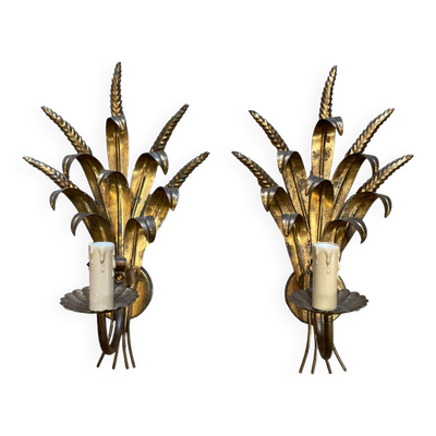 Paire d'appliques épis de blé en métal doré
