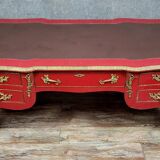 Louis XV style curved center desk in red lacquer and gilded bronze