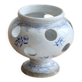 Ancien pot à crocus en faïence bleue, pique-fleurs Saint-Uze style Revol