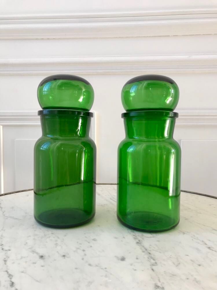 Duo de pots d'apothicaires verts vintage années 70