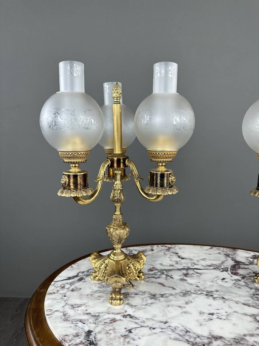Pair of three-light candelabra in bronze, 20th century