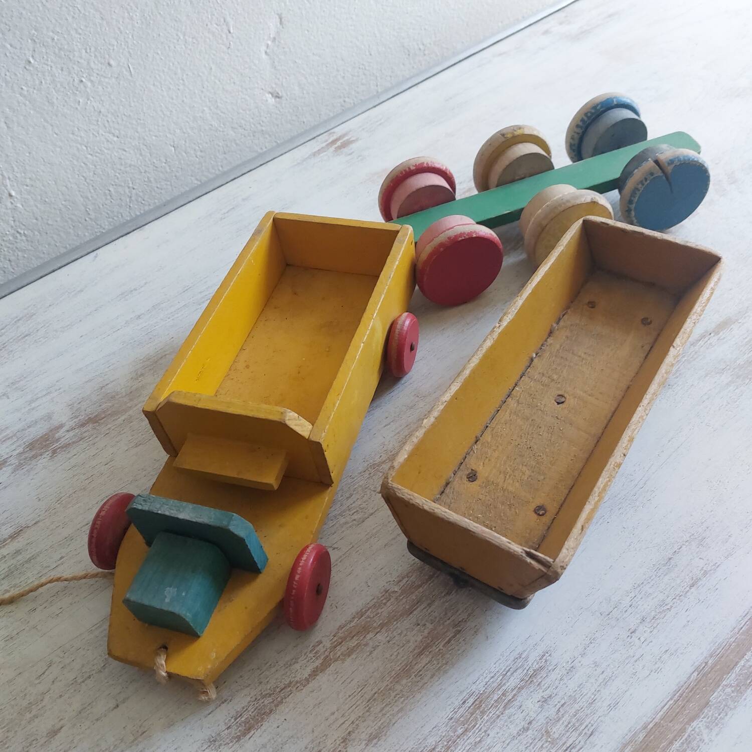 Old wooden toy truck and trailer