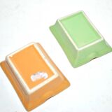 Pair of vintage ashtrays in glazed ceramic and golden orange and green