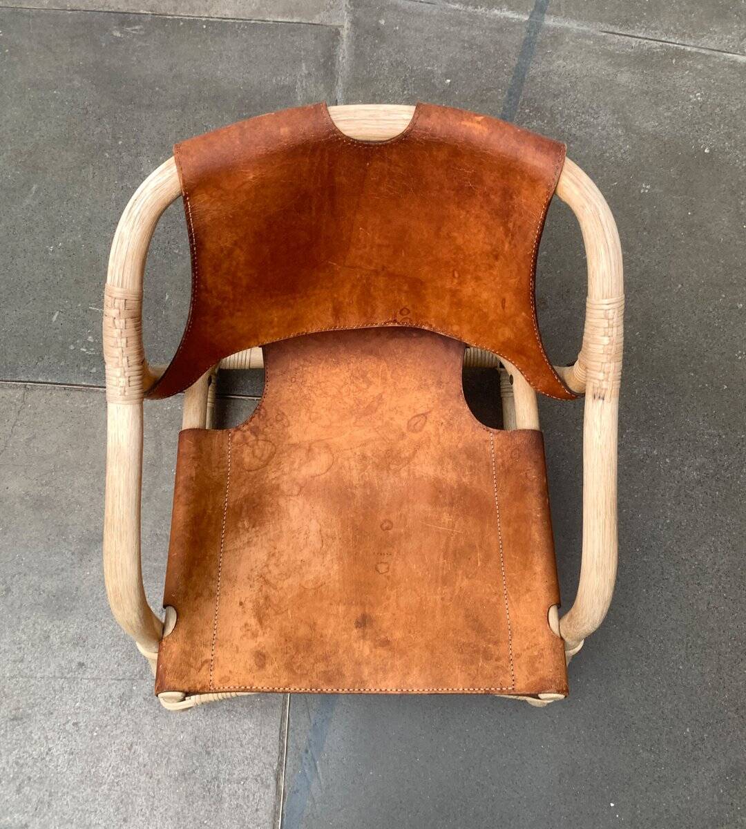 Mid-century safari lounge chair in bamboo and Danish leather, 1960s.