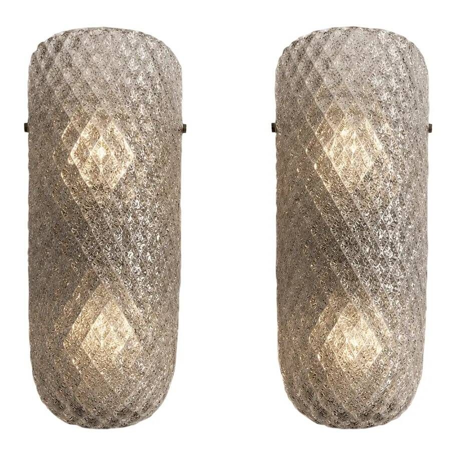 Elegant Mid-Century “Graniglia” Rhombus Murano Glass Wall Sconces, Set of 2