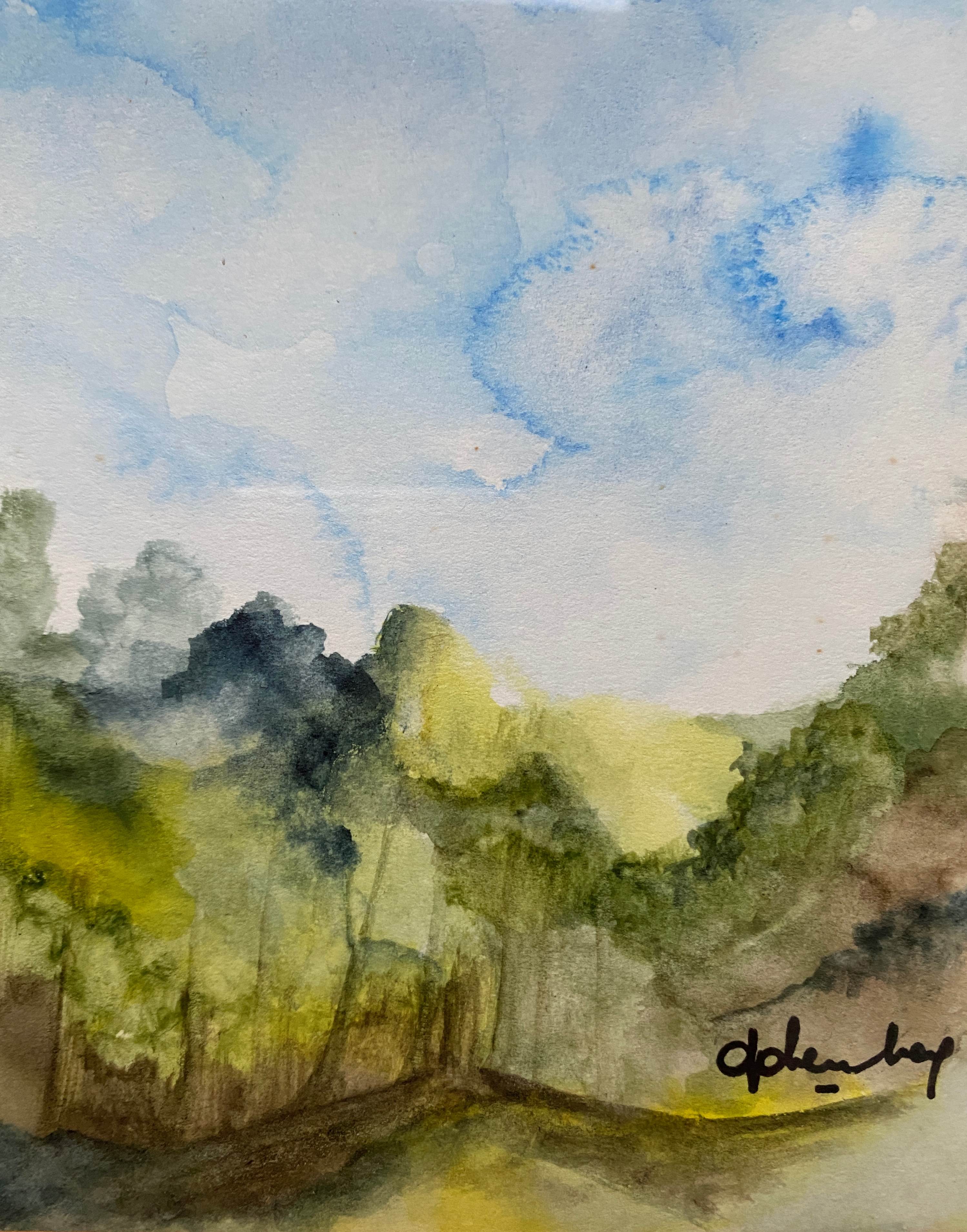 Watercolor painting "Forest landscape" signed + frame