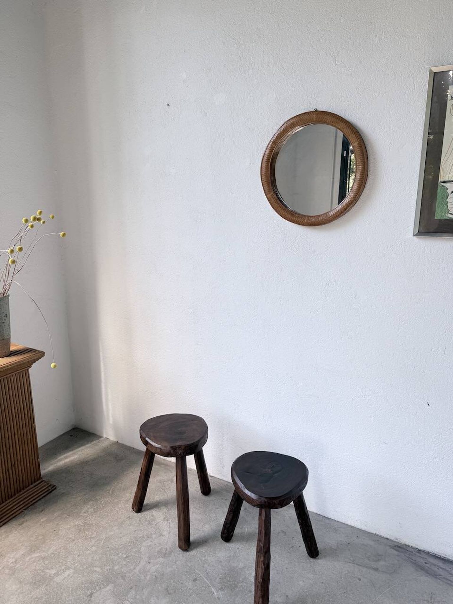 Woven wicker round mirror 1960