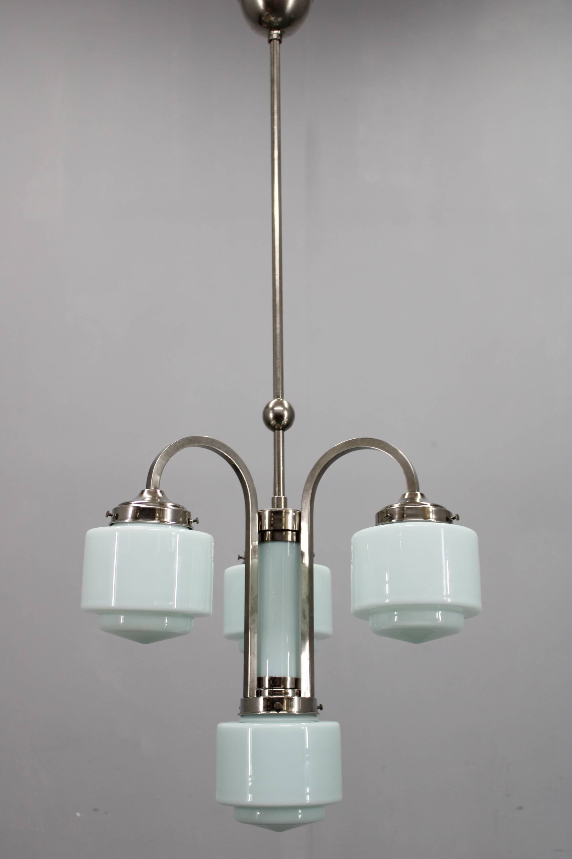 Art Deco nickel chandelier with cylindrical light opaline shades, Czechoslovakia