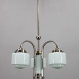 Art Deco nickel chandelier with cylindrical light opaline shades, Czechoslovakia