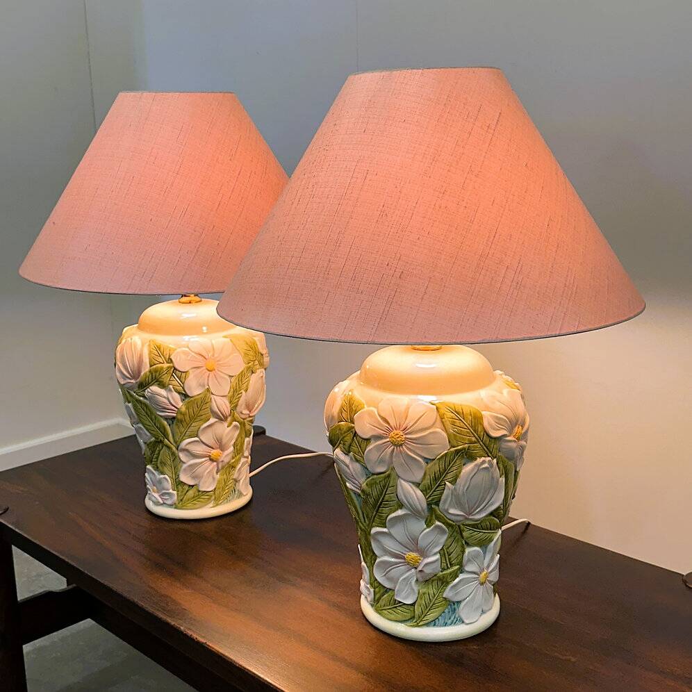 Pair of large vintage ceramic table lamps with 3D floral design, 1970s