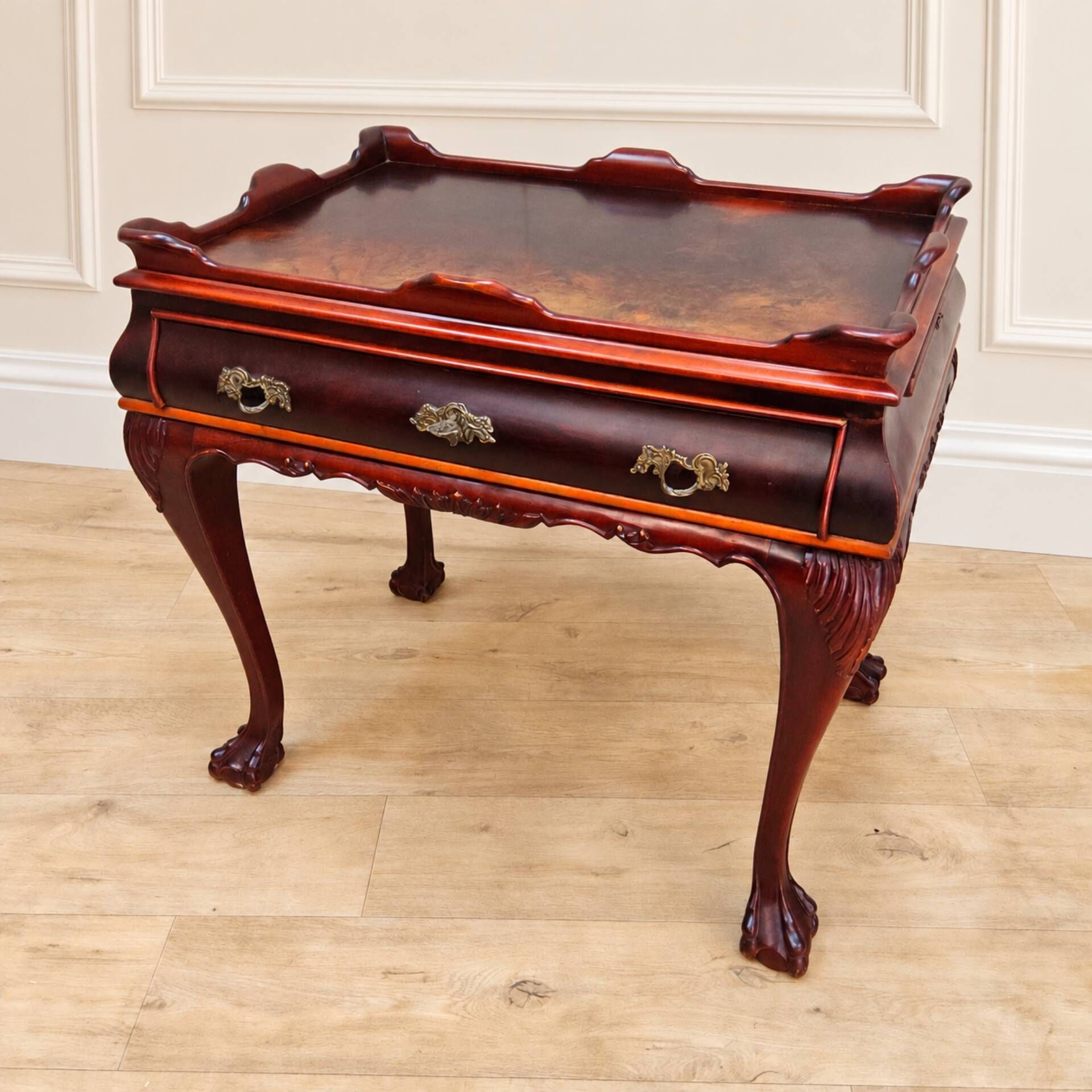 Antique walnut side table / tea table with drawer, shelves