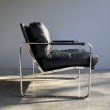 Vintage black leather armchair on metal base, 1980s