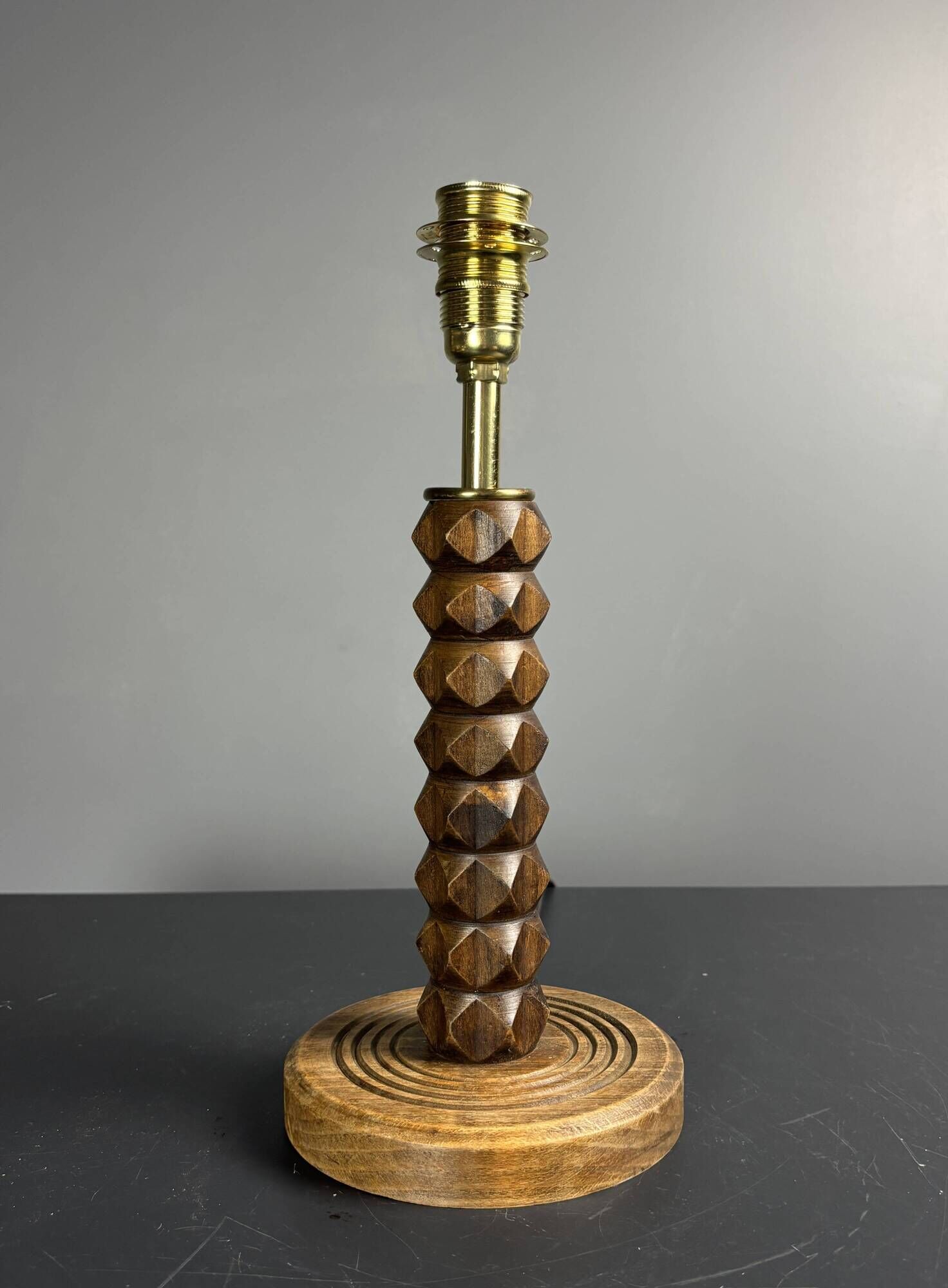 Midcentury brutalist wood turned mushroom table lamp, Charles Dudouyt style