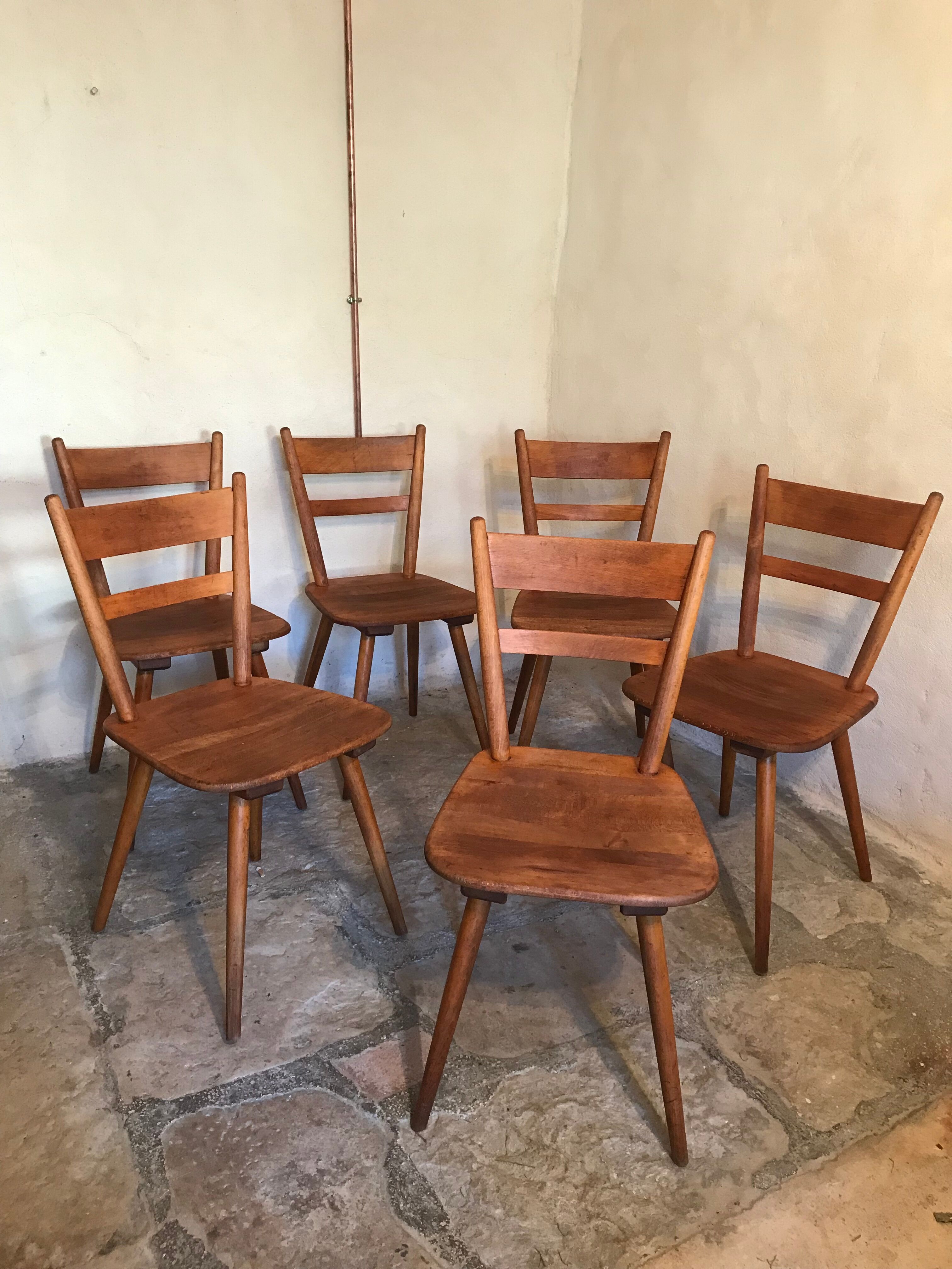 Set of 6 vintage solid wood chairs with compass legs 1960's