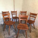 Set of 6 vintage solid wood chairs with compass legs 1960's
