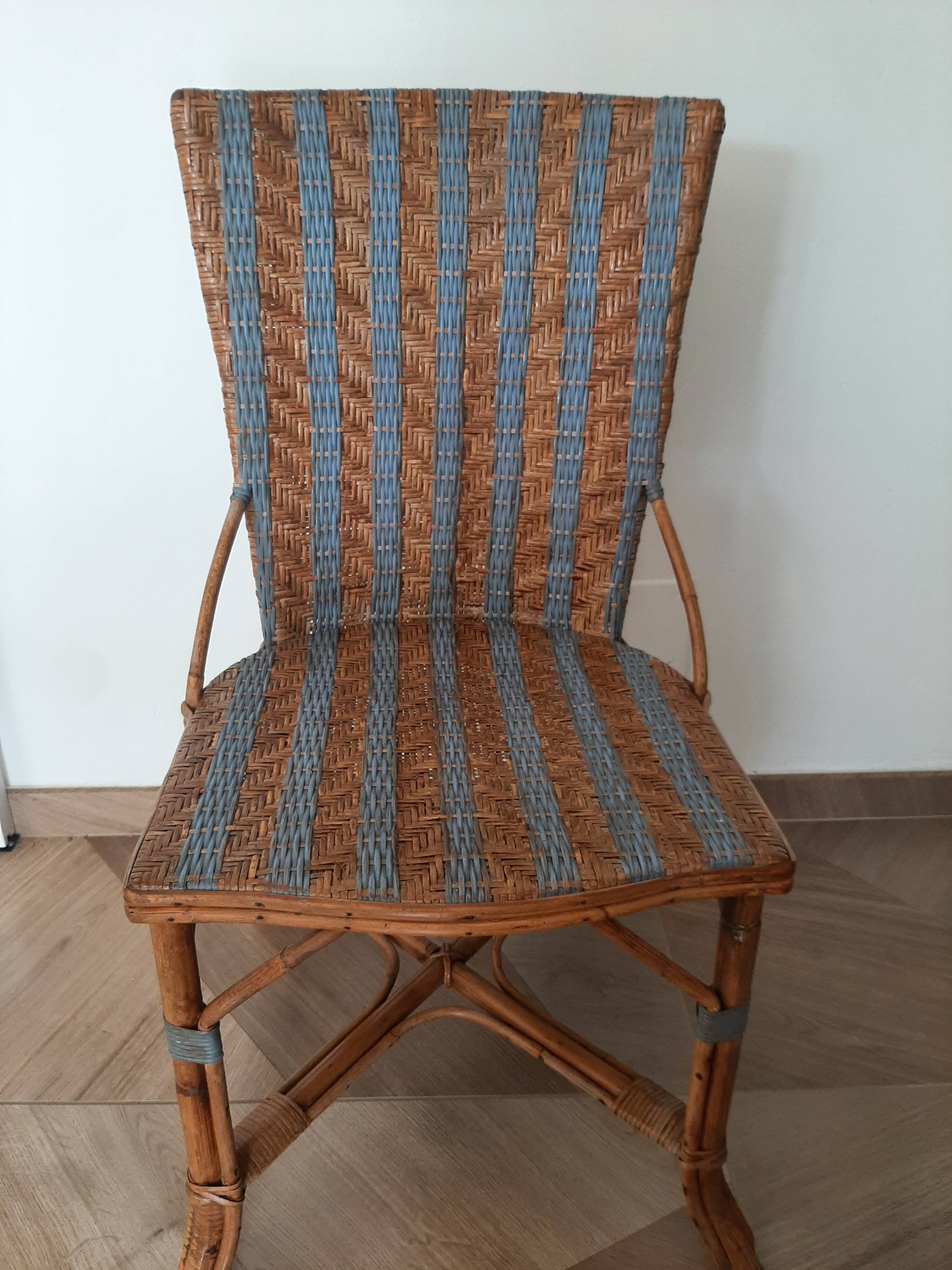 Vintage set of 2 garden woven rattan chairs - sky blue nets - 40