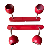 Pair of red wall lamps with vintage 70s adjustable spotlight