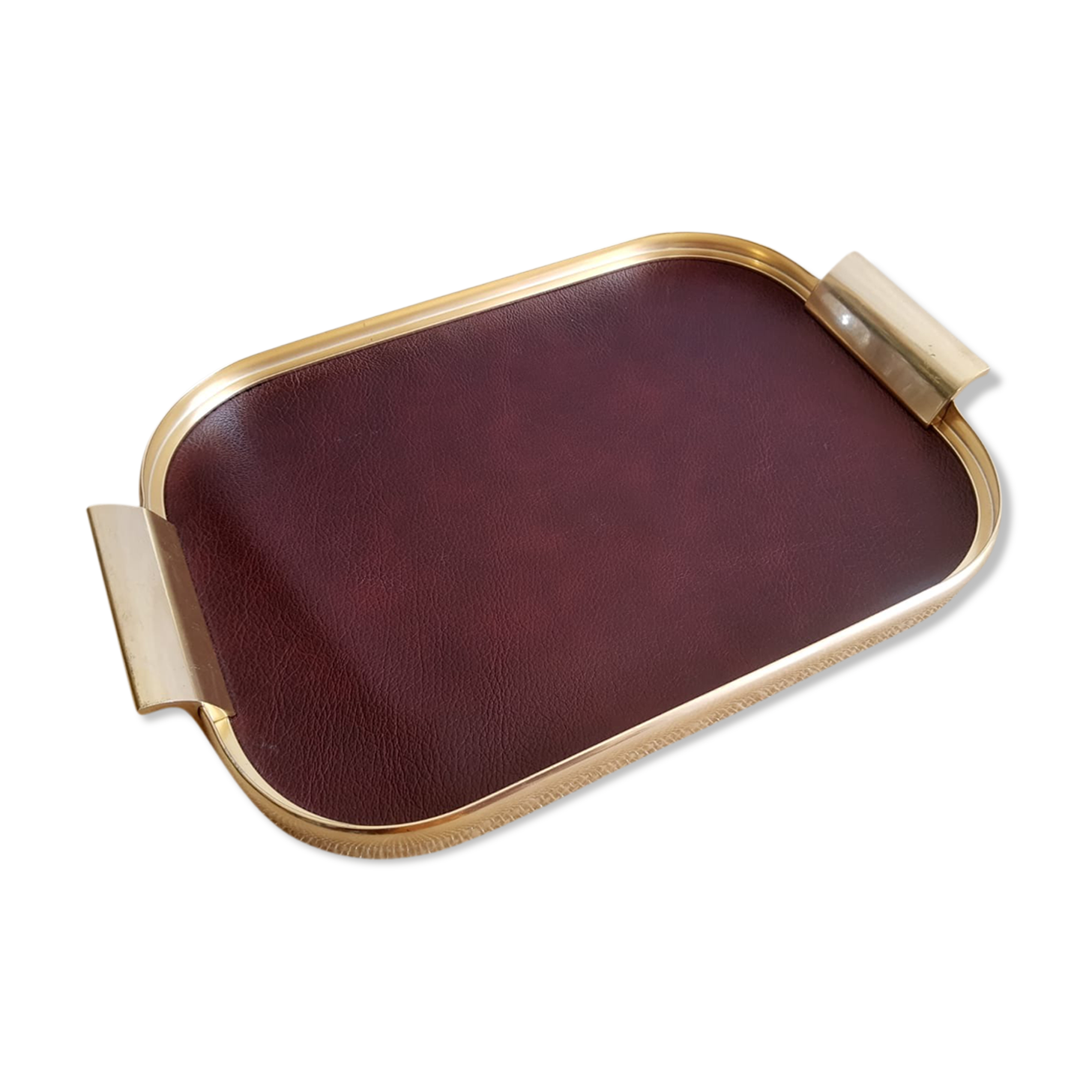Plateau rectangulaire simili cuir bordeaux et métal doré vintage
