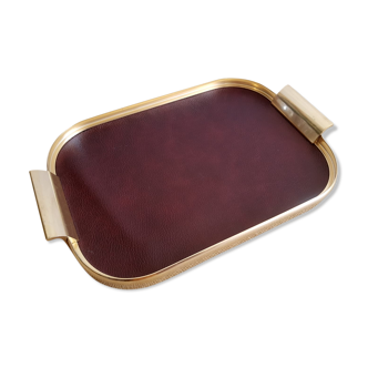 Plateau rectangulaire simili cuir bordeaux et métal doré vintage