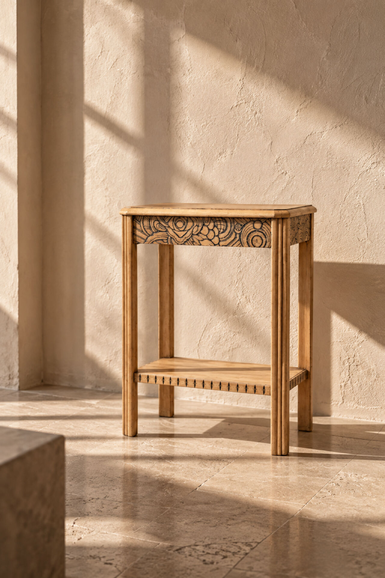 Art Deco console in raw wood with floral decoration, renovated 1930.