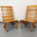 Pair of Vintage Brutalist Slatted Wood Lounge Chairs