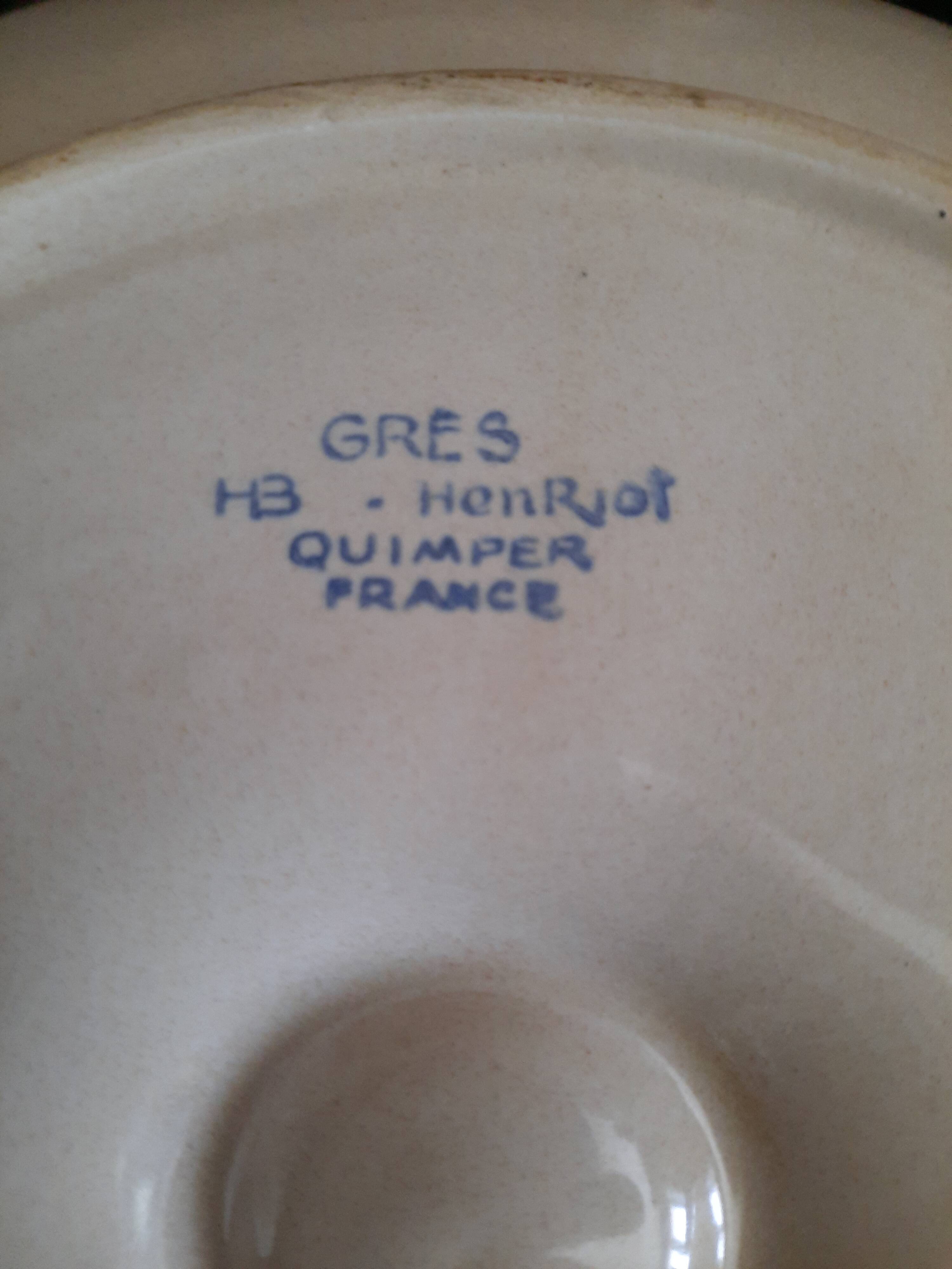 Assiette à huîtres hb henriot quimper grès 23 cm décor floral breton