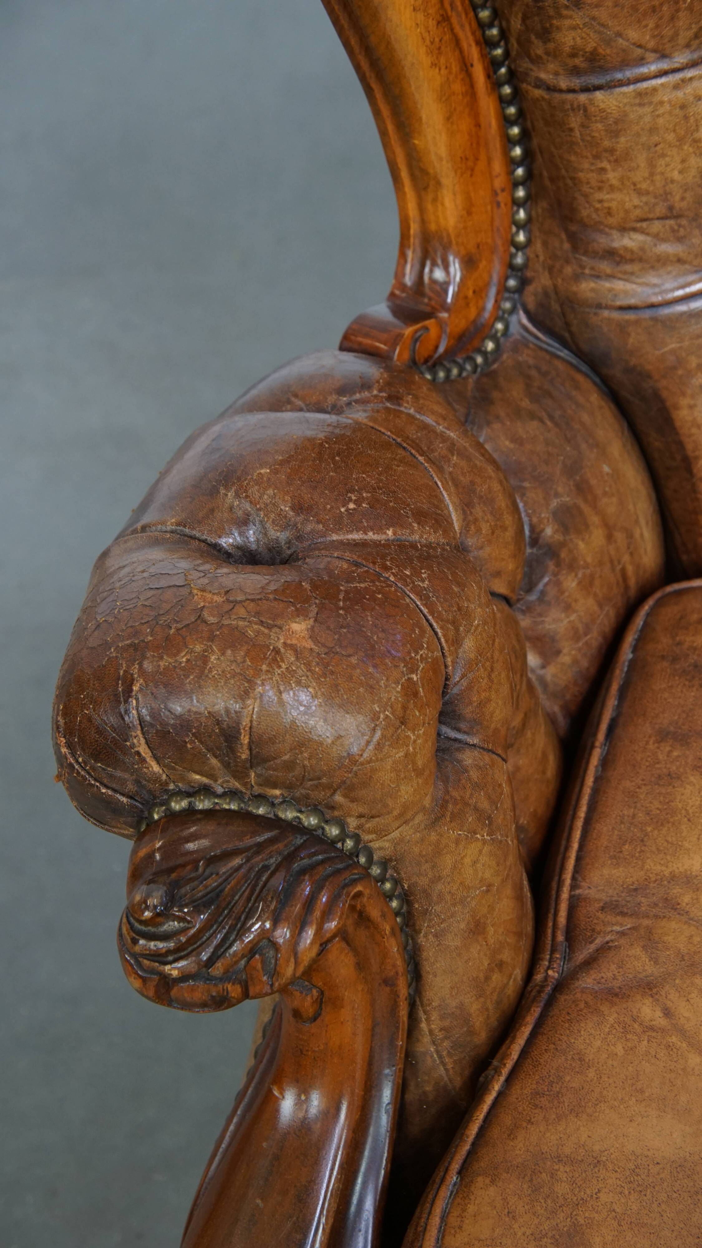 Antique Baroque Sheepskin Leather Chesterfield Armchair