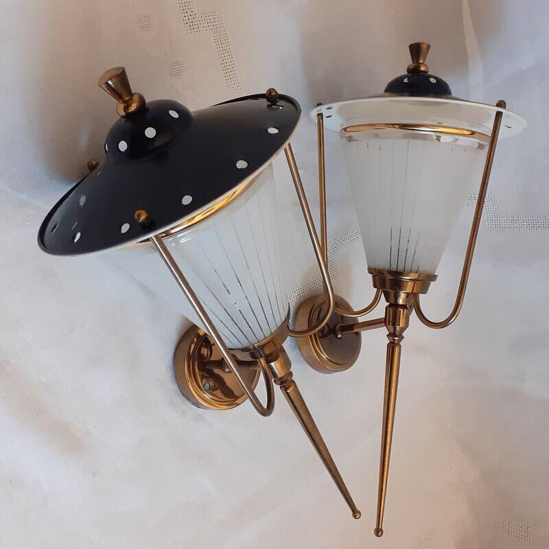 pair of wall-mounted torch lights corner 1950-1960 Arlus or Lunel glass metal