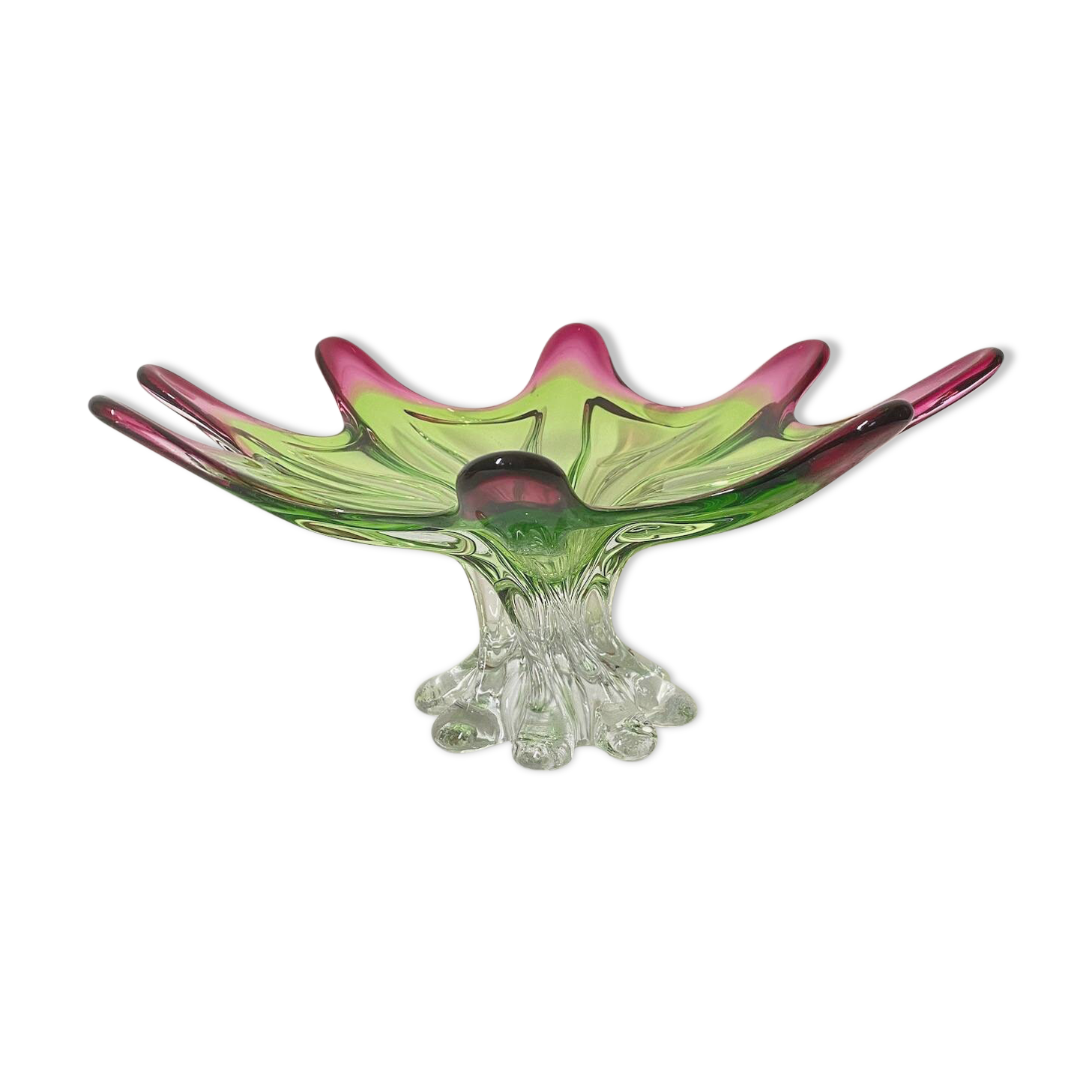 Sunburst shaped Murano centerpiece in lime green & fushsia  - Sommerso