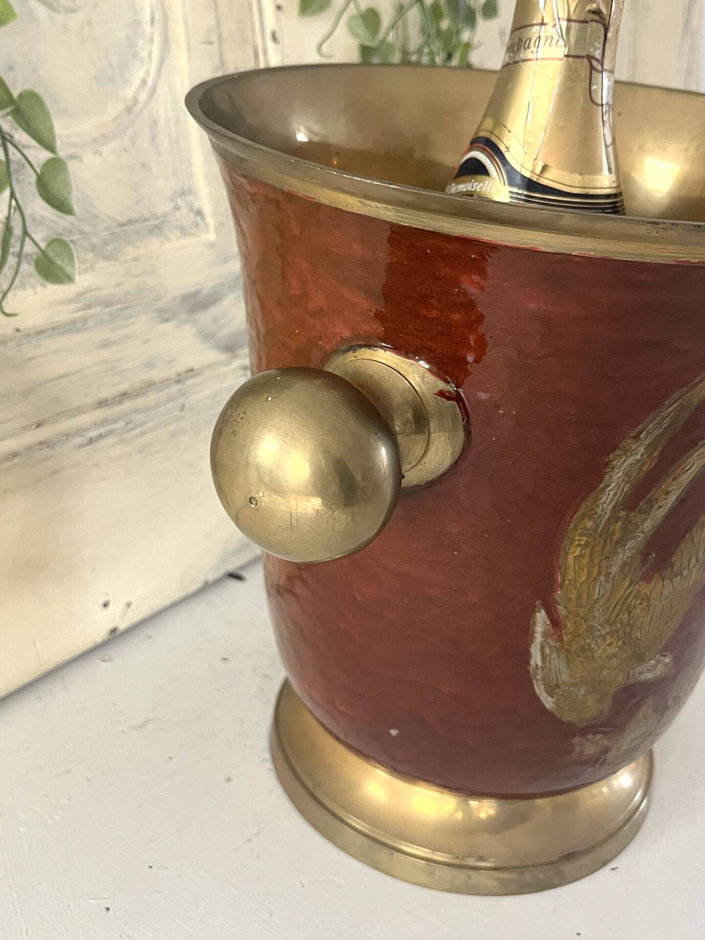 Ice Bucket, Enamel Red and Gold French Brass Champagne Cooler, Vintage