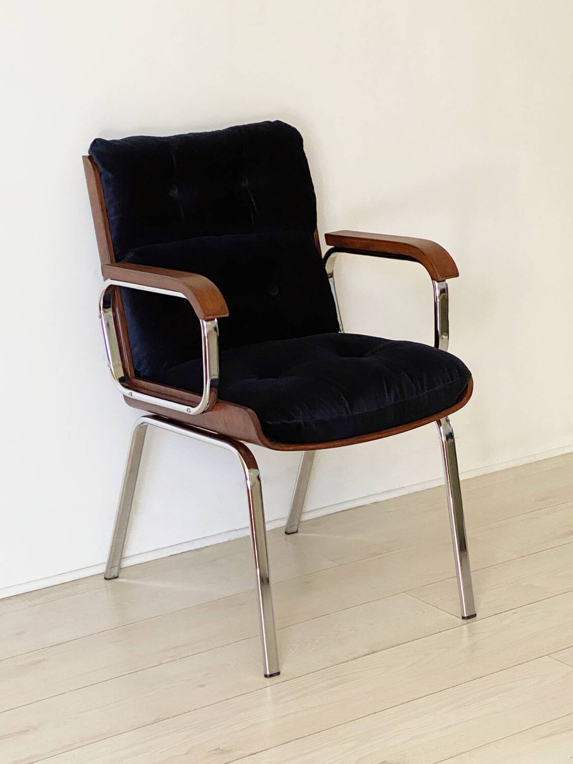 Vintage wood and metal velvet armchair