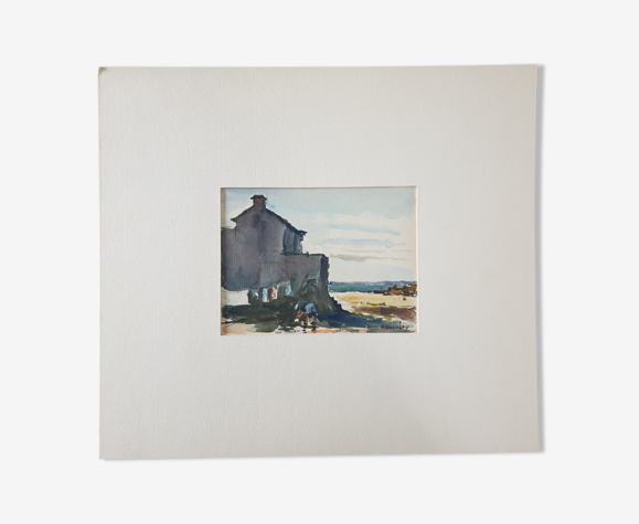 Aquarelle sur papier "Bord de plage, probablement dans le Finistère" Signé, André Duculty (1912-1990)