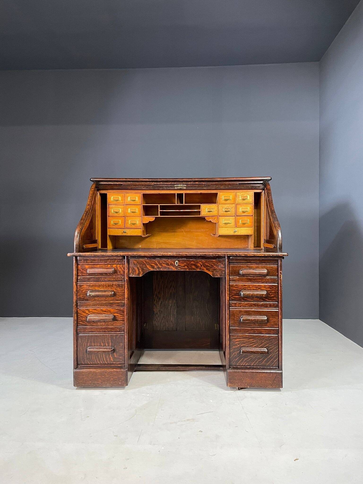 American roll-top desk, solid oak, Czechoslovakia, 1930s