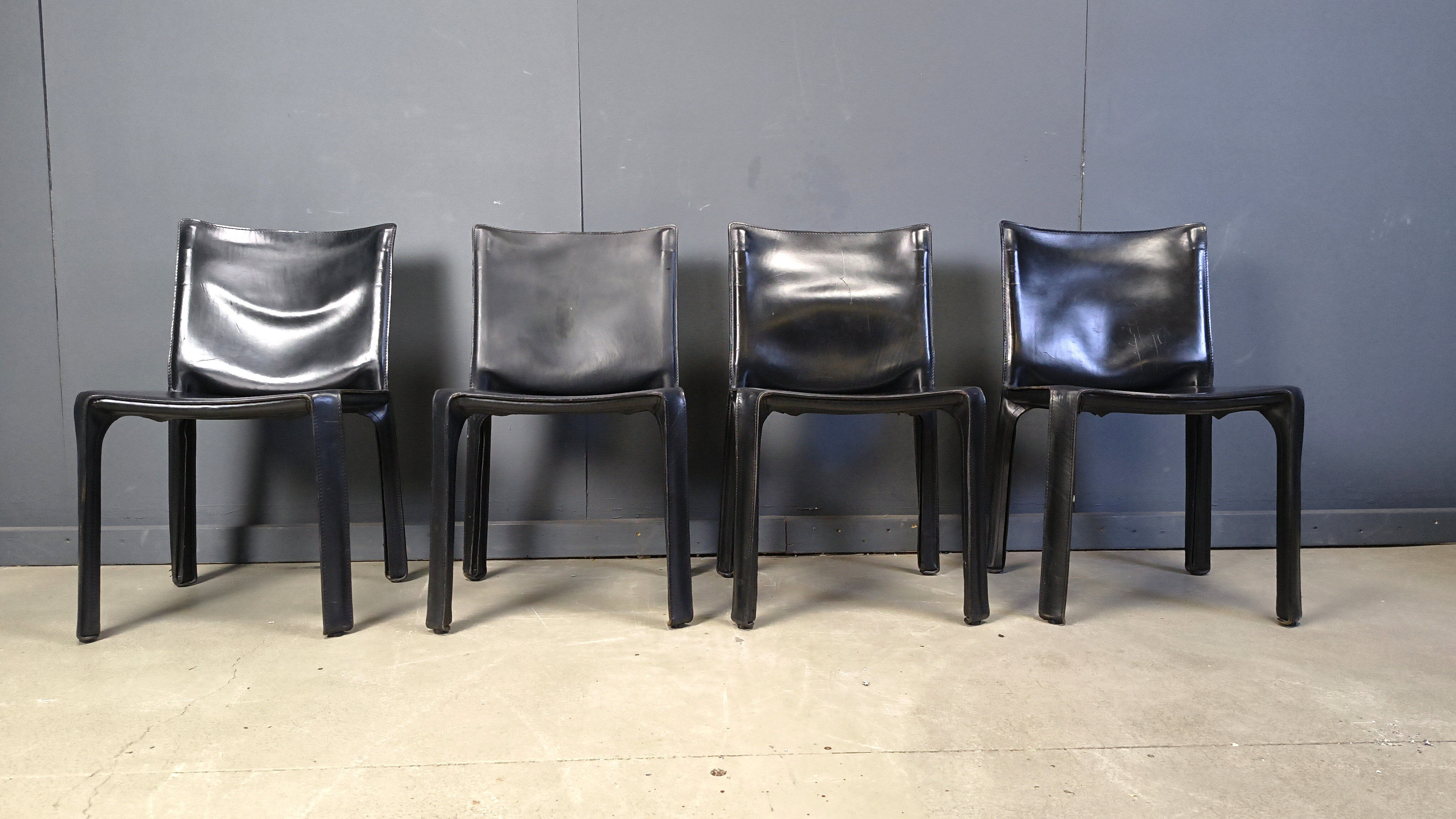 Black leather Mario Bellini Cab dining chairs Italy, 1970s - set of 4